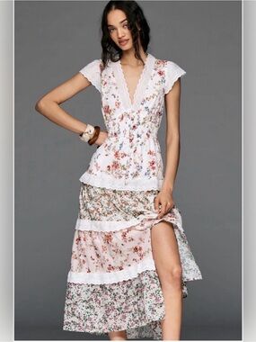 Anthropologie The Peregrine Tiered Deco Midi Dress Floral Small Petite Sundress